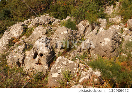 Rocky limestone terrain in Bitez, Bodrum, Turkey, with Mediterranean scrubland and wild vegetation growing Rocky limestone terrain in Bitez, Bodrum, Turkey, with Mediterranean scrubland and wild vegetation growing 139986622