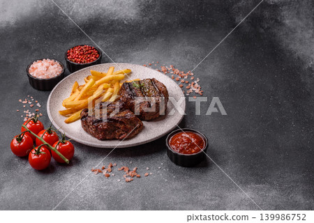 Beef mignon steak, rare, meat grilled with salt and spices. Beef steak 139986752