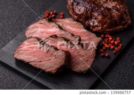 Beef mignon steak, rare, meat grilled with salt and spices. Beef steak 139986757