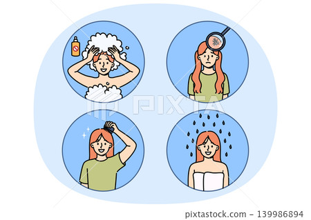 Girl with lice in hair uses medicated shampoo while showering to get rid of parasites Girl with lice in hair uses medicated shampoo while showering to get rid of parasites 139986894