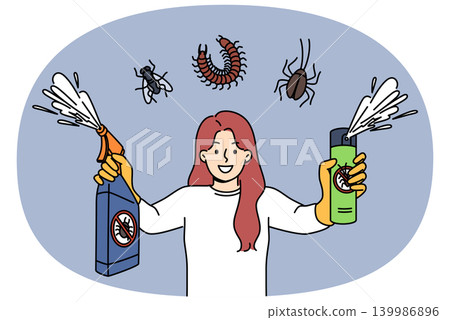 Using insecticide spray to control pests, woman holding two bottles of bug poison with smile Using insecticide spray to control pests, woman holding two bottles of bug poison with smile 139986896
