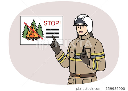 Man firefighter reminds of ban on lighting fires in forest, standing in work uniform and helmet Man firefighter reminds of ban on lighting fires in forest, standing in work uniform and helmet 139986900