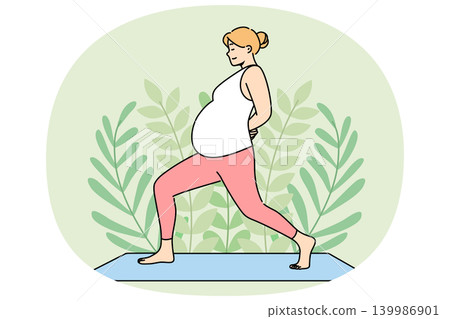 Pregnant woman does yoga on fitness mat, taking care of health of herself and unborn child Pregnant woman does yoga on fitness mat, taking care of health of herself and unborn child 139986901