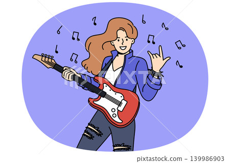 Woman rock star plays electric guitar and demonstrates cool gesture, standing among notes 139986903