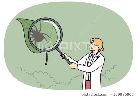 Woman scientist studies encephalitic ticks, walking through park with magnifying glass Woman scientist studies encephalitic ticks, walking through park with magnifying glass 139986905