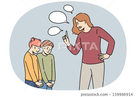 Evil stepmother scolds children who are afraid and look down guiltily in anticipation of punishment Evil stepmother scolds children who are afraid and look down guiltily in anticipation of punishment 139986914