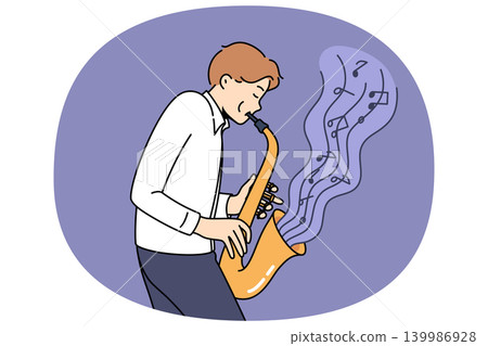 Man masterfully plays jazz composition on saxophone, blowing notes from musical instrument Man masterfully plays jazz composition on saxophone, blowing notes from musical instrument 139986928