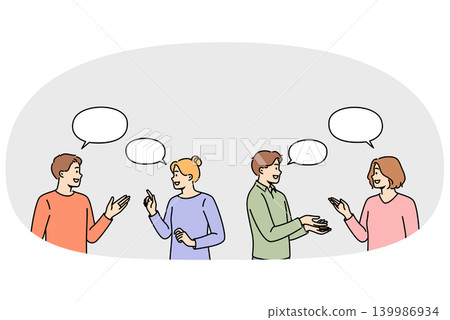 People discussion interesting questions, talking and sharing thoughts, stand under dialogue bubbles People discussion interesting questions, talking and sharing thoughts, stand under dialogue bubbles 139986934