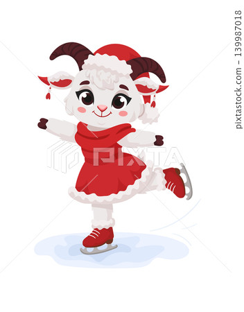 Cute fashionable Christmas goat girl ice skating flat vector illustration isolated on white background, 2027 year symbol holiday character design 139987018