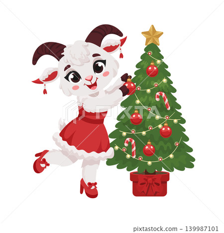 Cute fashionable Christmas goat girl decorating Christmas tree flat vector illustration isolated on white background, kawaii 2027 year symbol design 139987101