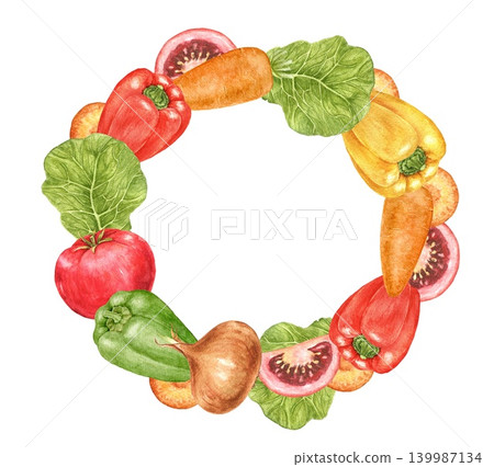 Tomatoes, peppers, onions, carrots and cabbage watercolor vegetable wreath with decorative arrangement and central space for text. Suitable for invitations, recipe cards and kitchen projects. Tomatoes, peppers, onions, carrots and cabbage watercolor vegetable wreath with decorative arrangement and central space for text. Suitable for invitations, recipe cards and kitchen projects. 139987134