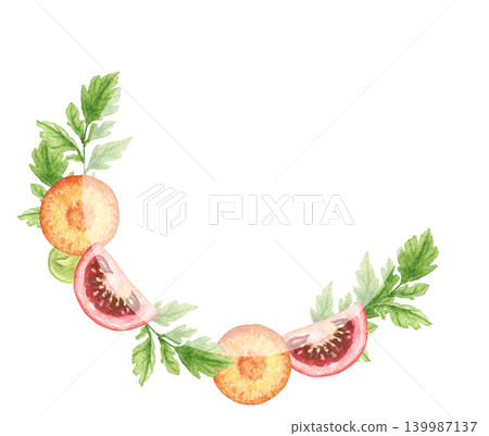 Tomatoes, carrot slices and parsley watercolor wreath with decorative arrangement and central space for text. Suitable for invitations, menus and kitchen projects. Thanksgiving frame Tomatoes, carrot slices and parsley watercolor wreath with decorative arrangement and central space for text. Suitable for invitations, menus and kitchen projects. Thanksgiving frame 139987137