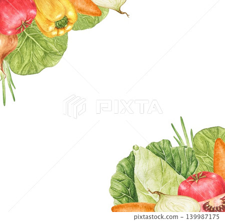 Tomatoes, carrots, cabbage leaves and herbs watercolor corner frame with decorative harvest arrangement and central space for text. Suitable for invitations, menus, recipe cards and seasonal projects. Tomatoes, carrots, cabbage leaves and herbs watercolor corner frame with decorative harvest arrangement and central space for text. Suitable for invitations, menus, recipe cards and seasonal projects. 139987175