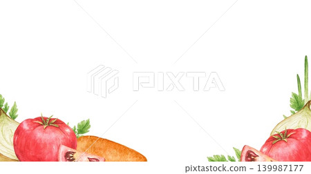 Tomatoes, carrots, cabbage and herbs watercolor corner frame with decorative harvest arrangement and central space for text. Suitable for invitations, menus, recipe cards and kitchen projects. Tomatoes, carrots, cabbage and herbs watercolor corner frame with decorative harvest arrangement and central space for text. Suitable for invitations, menus, recipe cards and kitchen projects. 139987177