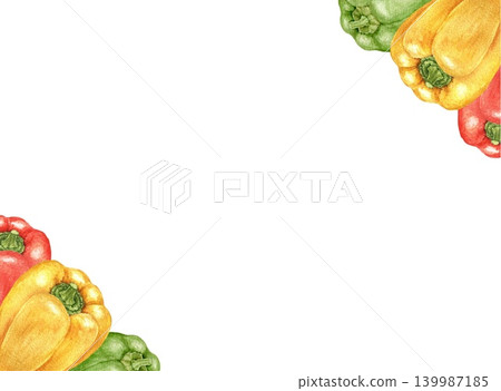 Red, yellow and green peppers, tomatoes, onions, carrots and cabbage watercolor decorative frame with central space for text. Suitable for menus, invitations and holiday projects. Red, yellow and green peppers, tomatoes, onions, carrots and cabbage watercolor decorative frame with central space for text. Suitable for menus, invitations and holiday projects. 139987185