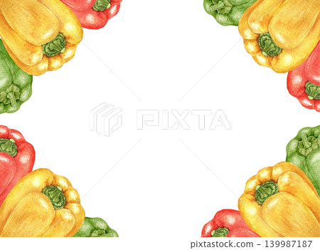 Yellow peppers and cabbage watercolor rectangular frame with decorative harvest arrangement and central space for text. Suitable for menu templates, invitations, recipe cards and seasonal projects. 139987187