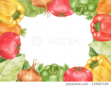 Peppers, onions, tomatoes and cabbage watercolor rectangular frame with decorative harvest arrangement and central space for text. Suitable for menus, labels and seasonal projects. Peppers, onions, tomatoes and cabbage watercolor rectangular frame with decorative harvest arrangement and central space for text. Suitable for menus, labels and seasonal projects. 139987189