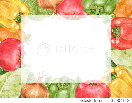 Peppers, onions, tomatoes and cabbage watercolor rectangular frame with transparent center and space for text. Suitable for menu templates, invitations, labels and seasonal projects. Peppers, onions, tomatoes and cabbage watercolor rectangular frame with transparent center and space for text. Suitable for menu templates, invitations, labels and seasonal projects. 139987190