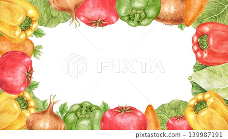 Peppers, onions, tomatoes, carrots and cabbage watercolor rectangular frame with harvest arrangement and central space for text. Suitable for menus, invitations and kitchen projects. Peppers, onions, tomatoes, carrots and cabbage watercolor rectangular frame with harvest arrangement and central space for text. Suitable for menus, invitations and kitchen projects. 139987191