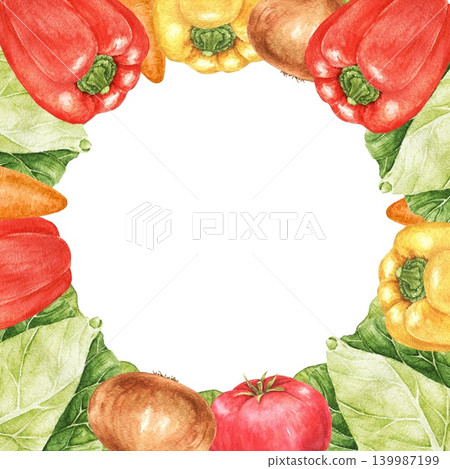 Cabbage, peppers, onions, carrots and tomatoes watercolor square frame with harvest arrangement and central space for text. Suitable for menus, labels and seasonal kitchen projects. Cabbage, peppers, onions, carrots and tomatoes watercolor square frame with harvest arrangement and central space for text. Suitable for menus, labels and seasonal kitchen projects. 139987199