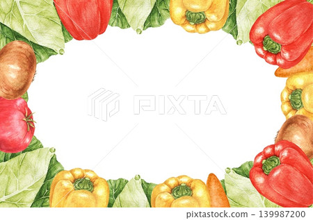Cabbage, peppers, onions and tomatoes watercolor oval frame with harvest arrangement and central space for text. Suitable for menus, recipe cards, invitations and seasonal holiday projects. Cabbage, peppers, onions and tomatoes watercolor oval frame with harvest arrangement and central space for text. Suitable for menus, recipe cards, invitations and seasonal holiday projects. 139987200