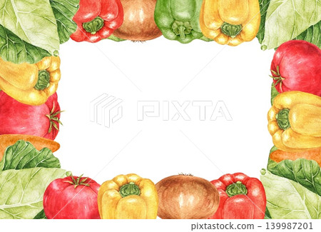 Cabbage, peppers, onions and tomatoes watercolor rectangular frame with decorative harvest arrangement. Suitable for menu templates, table cards, kitchen prints and seasonal projects. Cabbage, peppers, onions and tomatoes watercolor rectangular frame with decorative harvest arrangement. Suitable for menu templates, table cards, kitchen prints and seasonal projects. 139987201