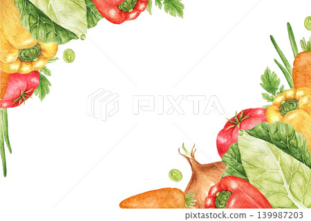 Cabbage, peppers, carrots, onions and tomatoes watercolor frame with decorative harvest arrangement. Suitable for recipe cards, kitchen prints, menu templates and seasonal projects. 139987203