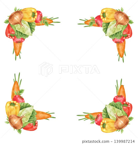 Cabbage, carrots, onions, tomatoes and peppers watercolor corner frame with decorative harvest arrangement. Suitable for scarves, tablecloths, kitchen towels, recipe cards, menus and seasonal projects Cabbage, carrots, onions, tomatoes and peppers watercolor corner frame with decorative harvest arrangement. Suitable for scarves, tablecloths, kitchen towels, recipe cards, menus and seasonal projects 139987214