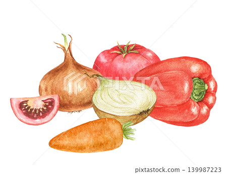 Onion, tomato, tomato slice, red pepper, carrot and onion half watercolor composition for recipe cards, kitchen decoration, food packaging, menu templates and seasonal cooking projects. Onion, tomato, tomato slice, red pepper, carrot and onion half watercolor composition for recipe cards, kitchen decoration, food packaging, menu templates and seasonal cooking projects. 139987223