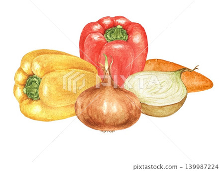 Yellow pepper, tomato, onion, carrot and green herbs watercolor composition for recipe cards, kitchen decoration, food packaging, menu templates and seasonal cooking projects. 139987224