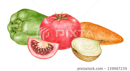 Green bell pepper, tomato, tomato slice, carrot and onion watercolor composition for recipe cards, kitchen decoration, food packaging, salad themes and seasonal cooking projects. 139987239