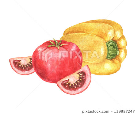 Yellow pepper, tomato and tomato slices watercolor composition for recipe cards, kitchen decoration, food packaging, menu templates and seasonal cooking projects. Ingredients for soup frying, salad Yellow pepper, tomato and tomato slices watercolor composition for recipe cards, kitchen decoration, food packaging, menu templates and seasonal cooking projects. Ingredients for soup frying, salad 139987247