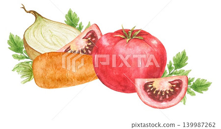 Onions, tomatoes, tomato slices, carrots and parsley watercolor composition for recipe cards, kitchen decoration, food packaging, Thanksgiving themes and seasonal culinary projects. Onions, tomatoes, tomato slices, carrots and parsley watercolor composition for recipe cards, kitchen decoration, food packaging, Thanksgiving themes and seasonal culinary projects. 139987262