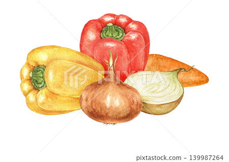 red and yellow bell peppers, onions and carrots watercolor composition for recipe cards, kitchen decoration, food packaging, soup themes and seasonal cooking projects. red and yellow bell peppers, onions and carrots watercolor composition for recipe cards, kitchen decoration, food packaging, soup themes and seasonal cooking projects. 139987264