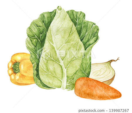 Onions, tomatoes, tomato slices, carrots and cabbage watercolor composition for recipe cards, kitchen decoration, food packaging, Thanksgiving themes and seasonal culinary projects. Onions, tomatoes, tomato slices, carrots and cabbage watercolor composition for recipe cards, kitchen decoration, food packaging, Thanksgiving themes and seasonal culinary projects. 139987267