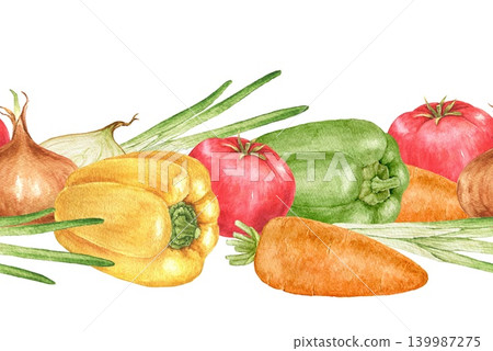 Watercolor vegetable arrangement with tomatoes, bell peppers, onions and carrots. Food illustration for Thanksgiving recipe cards, kitchen decor, farm branding and culinary projects. Watercolor vegetable arrangement with tomatoes, bell peppers, onions and carrots. Food illustration for Thanksgiving recipe cards, kitchen decor, farm branding and culinary projects. 139987275