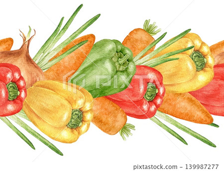 Bell peppers, carrots and onions springs watercolor seamless border in decorative arrangement. Horizontal food design for Thanksgiving menus, kitchen packaging and seasonal projects. 139987277