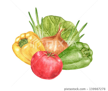 bell peppers, onions, tomatoes and cabbage watercolor composition for Thanksgiving themes, kitchen decoration, food packaging, recipe cards and seasonal projects. bell peppers, onions, tomatoes and cabbage watercolor composition for Thanksgiving themes, kitchen decoration, food packaging, recipe cards and seasonal projects. 139987278
