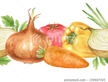 Watercolor seamless vegetable border with onions, peppers and carrots. Horizontal illustration for recipe themes, Thanksgiving projects, labels and kitchen decoration. Watercolor seamless vegetable border with onions, peppers and carrots. Horizontal illustration for recipe themes, Thanksgiving projects, labels and kitchen decoration. 139987305
