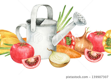 Watercolor seamless vegetable border with watering can, tomatoes, onions, peppers and carrots. Horizontal illustration for kitchen themes, Thanksgiving projects, menus, labels, food packaging. Watercolor seamless vegetable border with watering can, tomatoes, onions, peppers and carrots. Horizontal illustration for kitchen themes, Thanksgiving projects, menus, labels, food packaging. 139987307