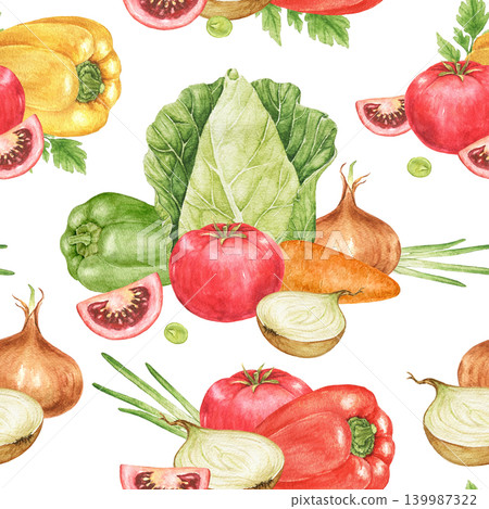 Tomatoes, peppers, onions, carrots, cabbage and parsley watercolor seamless vegetable pattern with scattered harvest arrangement. For fabric, wrapping paper, kitchen textiles and seasonal projects. Tomatoes, peppers, onions, carrots, cabbage and parsley watercolor seamless vegetable pattern with scattered harvest arrangement. For fabric, wrapping paper, kitchen textiles and seasonal projects. 139987322