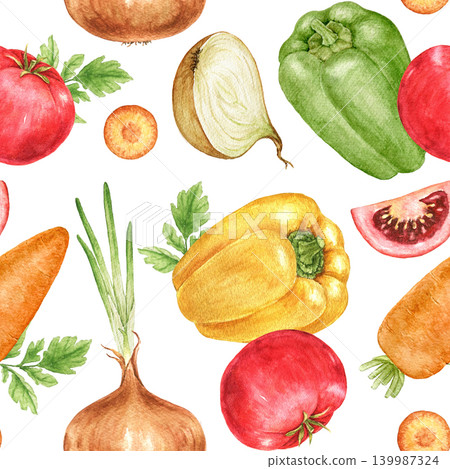 Tomatoes, peppers, onions, carrots, parsley and cabbage watercolor seamless vegetable pattern with scattered harvest arrangement. For fabric, wrapping paper, kitchen textiles and seasonal projects. Tomatoes, peppers, onions, carrots, parsley and cabbage watercolor seamless vegetable pattern with scattered harvest arrangement. For fabric, wrapping paper, kitchen textiles and seasonal projects. 139987324