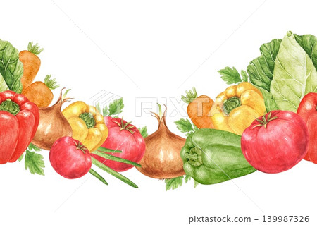 Tomatoes, peppers, onions and cabbage watercolor decorative wavy seamless border composition for recipe cards, food labels, kitchen decoration and seasonal projects. Tomatoes, peppers, onions and cabbage watercolor decorative wavy seamless border composition for recipe cards, food labels, kitchen decoration and seasonal projects. 139987326