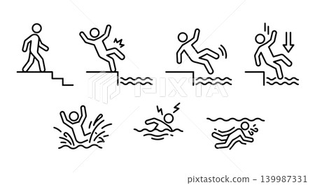 Stick figure falling into water drowing and swimming accident icons set Stick figure falling into water drowing and swimming accident icons set 139987331