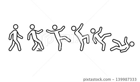 Stick figure slipping and falling down accident motion frame sequence line art Stick figure slipping and falling down accident motion frame sequence line art 139987333