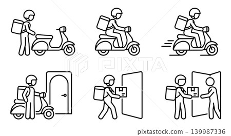 Scooter courier delivery service sequence workflow stick figure icons set 139987336