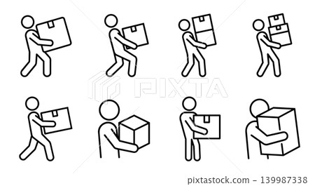 Manual handling lifting boxes stick figure icons set warehouse safety 139987338