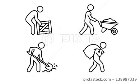 Construction and manual labor stick figure worker icons set shoveling lifting and wheelbarrow Construction and manual labor stick figure worker icons set shoveling lifting and wheelbarrow 139987339