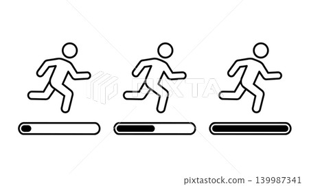 Stick figure running on progress bar loading sequence workflow icons set 139987341