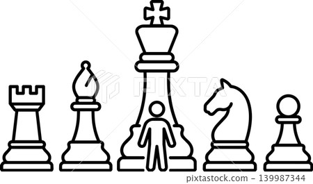 Minimalist stick figure leader standing with diverse chess pieces lineup line art 139987344